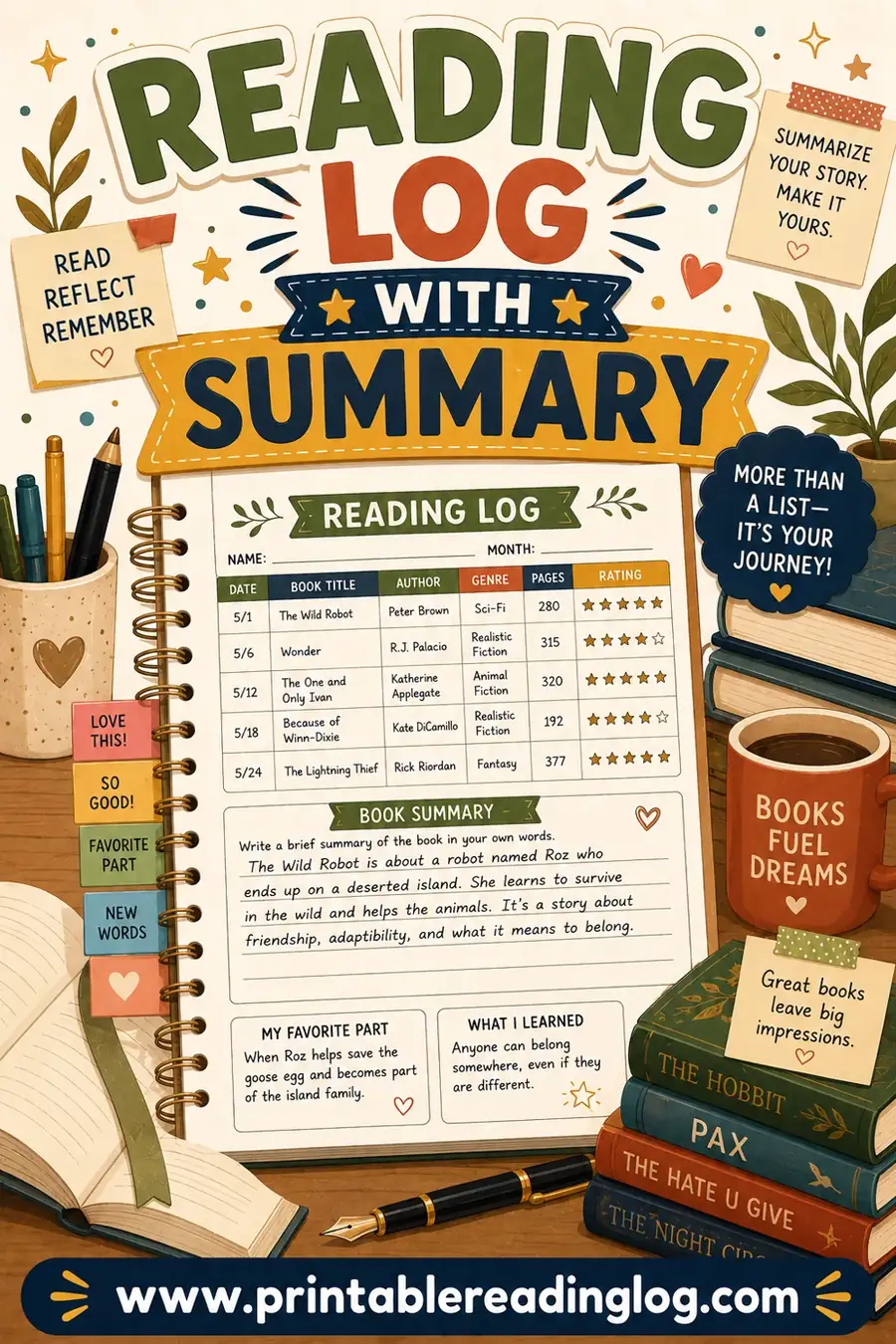 Reading Log With Summary: Free Printable Template
